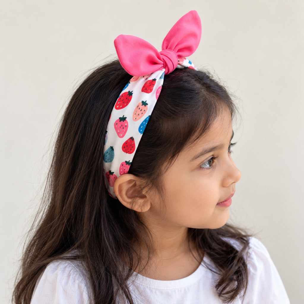 two bobby Strawberry Patch Knot Headband – pink, worn