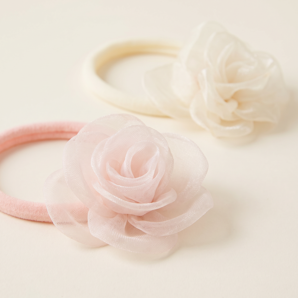two bobby Set of 4 Floral Baby Headbands, organza rose close-up