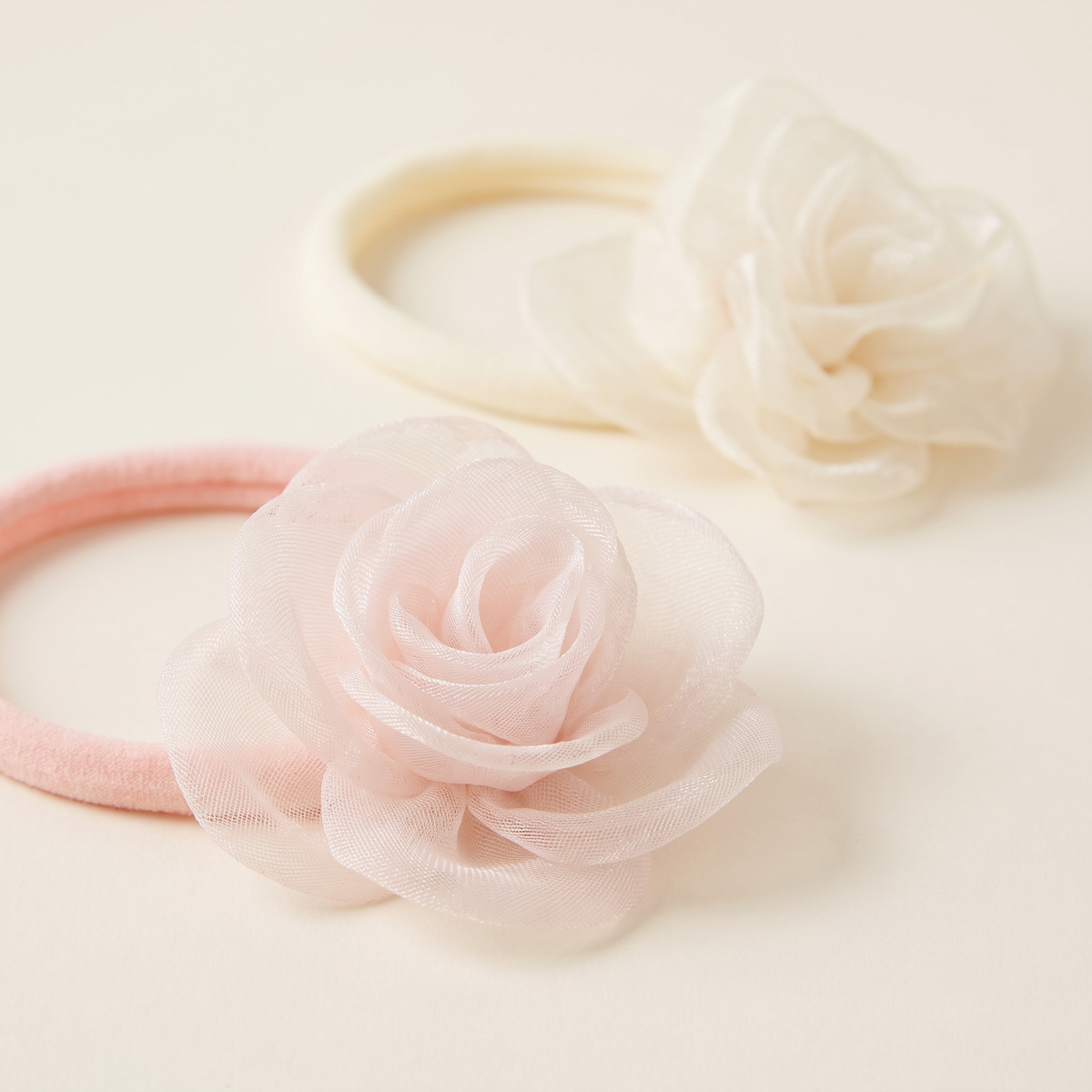two bobby Set of 4 Floral Baby Headbands, organza rose close-up