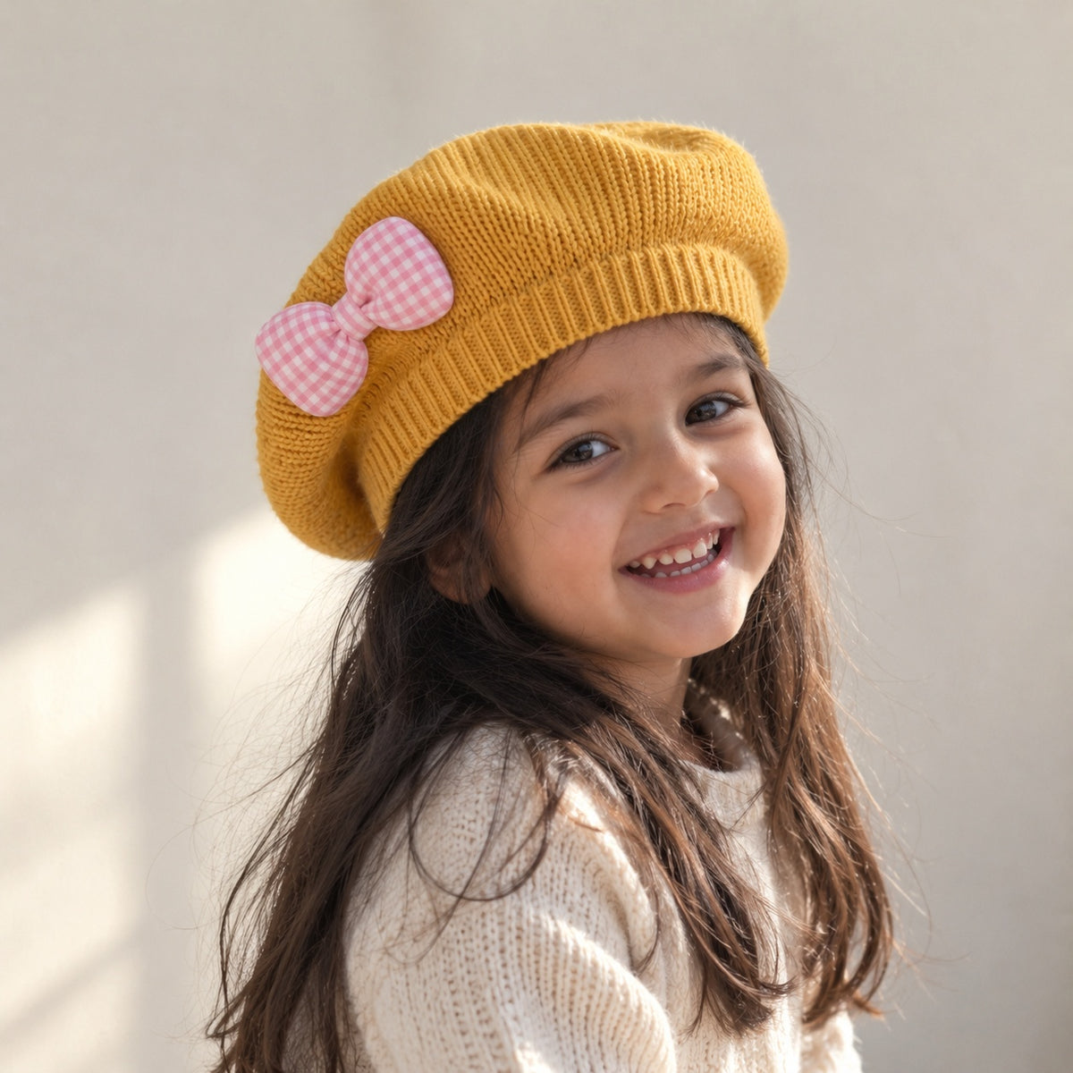 two bobby Parisian Knit Beret – Bow – yellow, worn