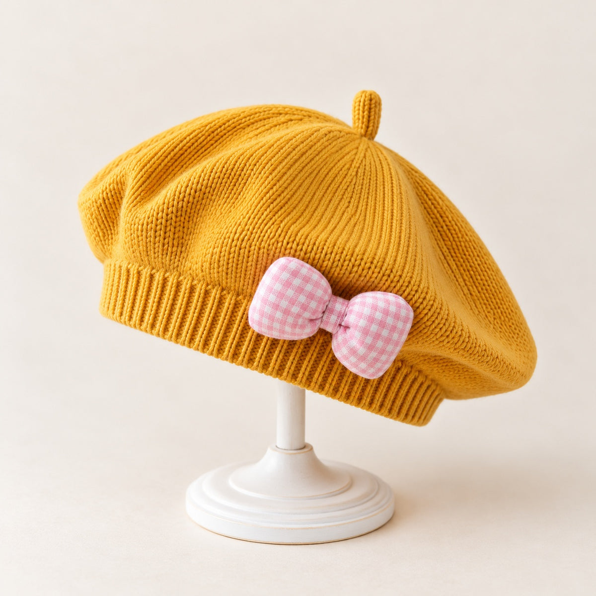 two bobby Parisian Knit Beret – Bow – yellow with pink gingham bow