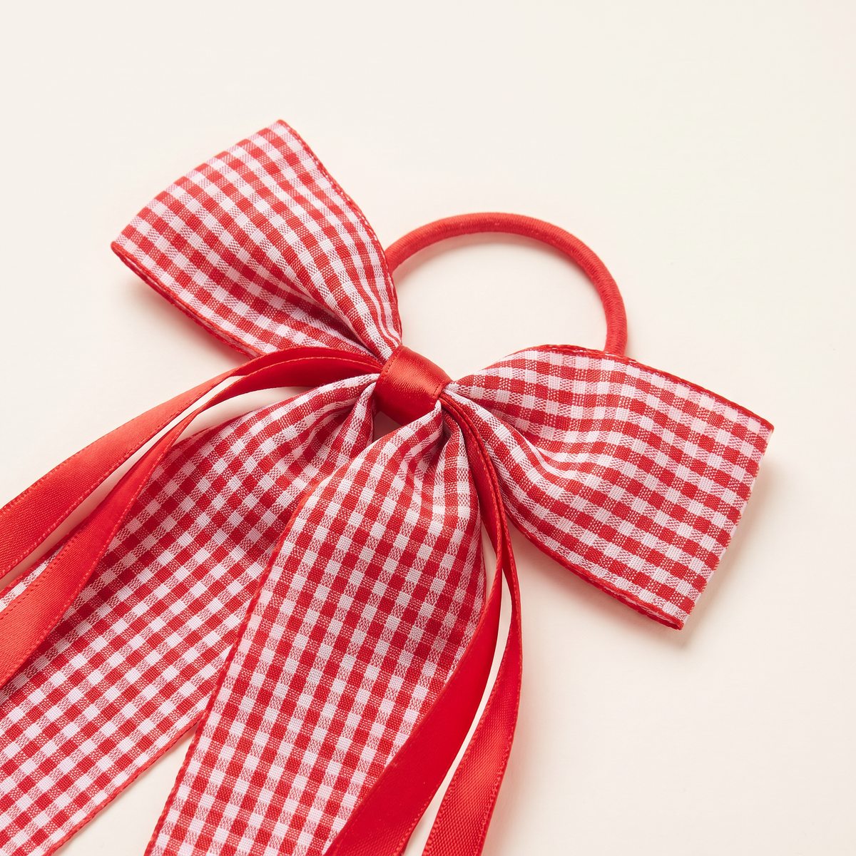 two bobby Gingham Statement Bow Hair Tie – Red, bow close-up