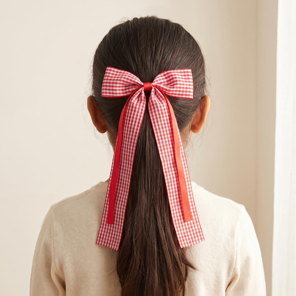 two bobby Gingham Statement Bow Hair Tie – Red, worn on a ponytail