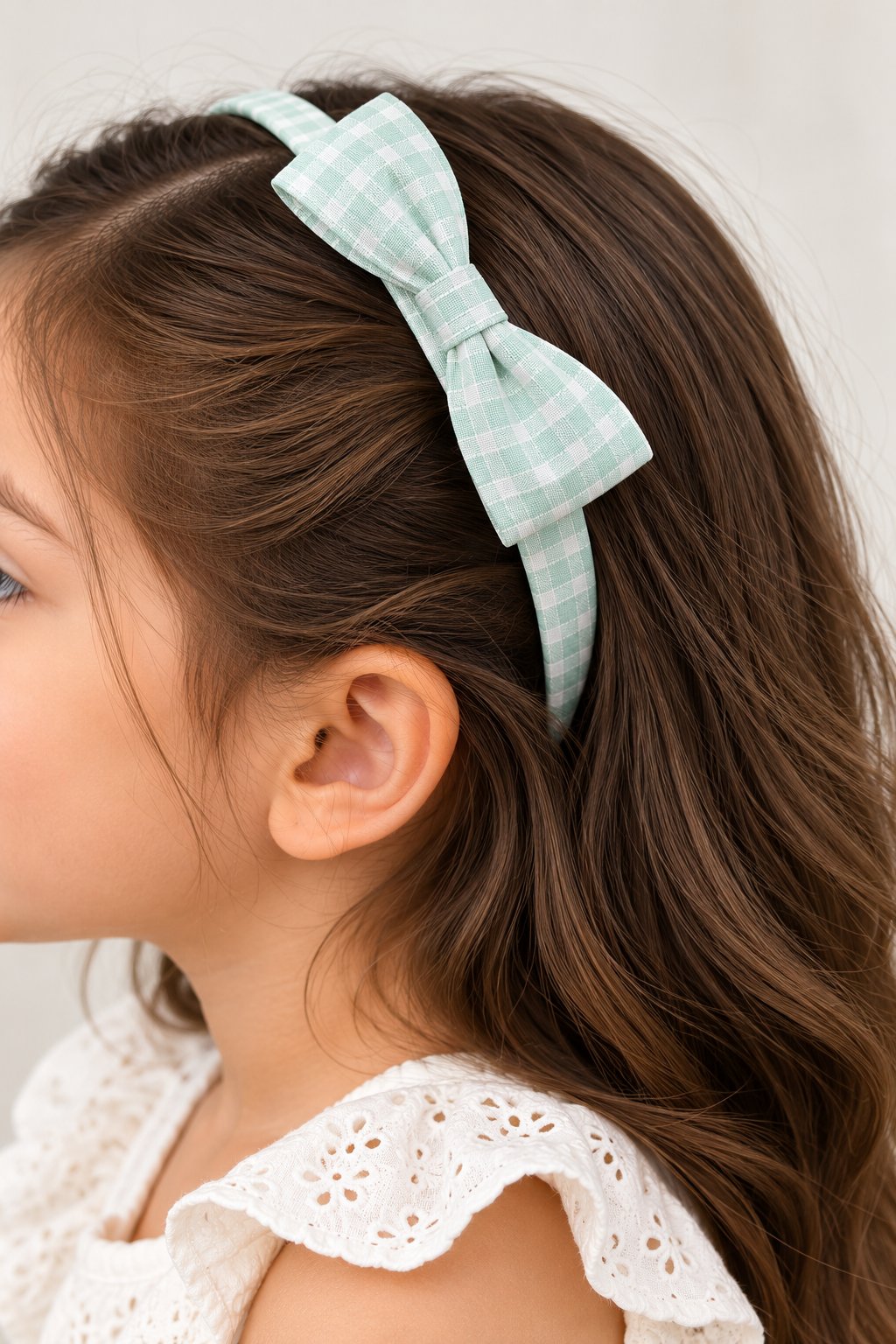 two bobby Gingham Daisy Bow Headband – mint green, worn