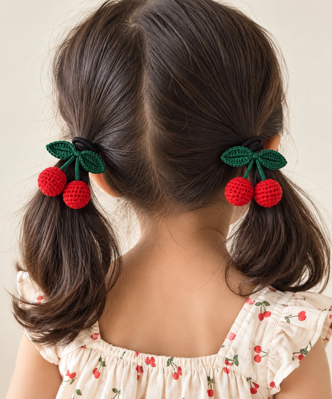 two bobby Crochet Cherry Hair Ties – Pair – worn in pigtails