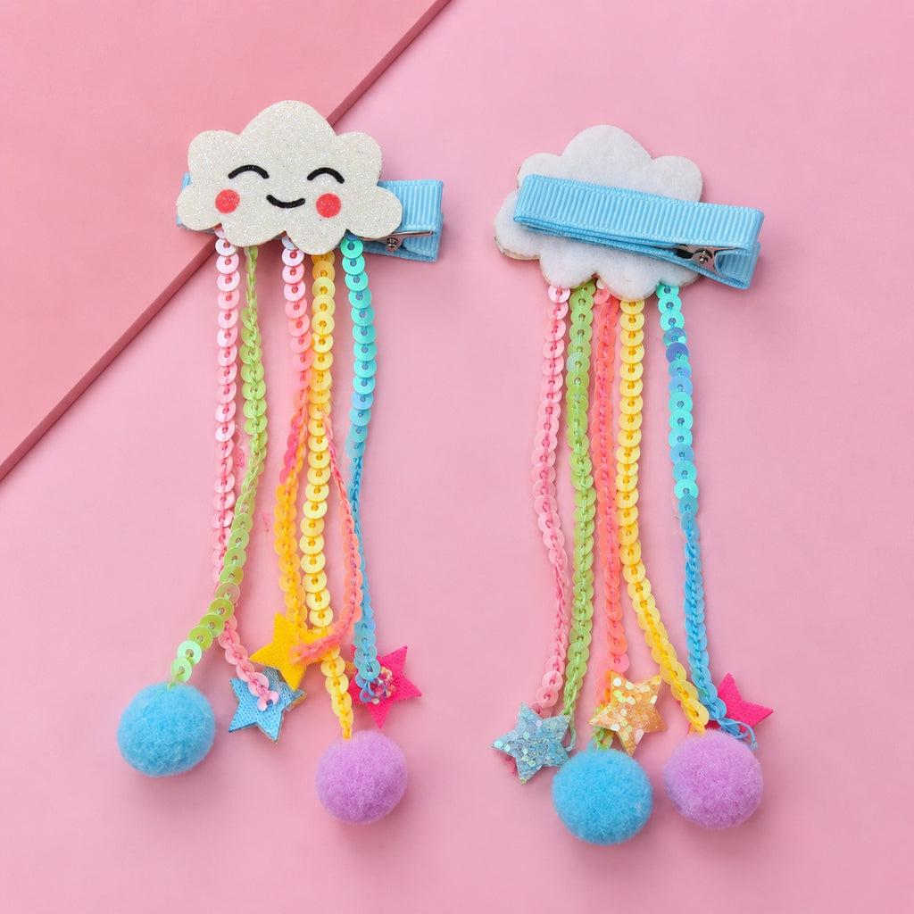 two bobby Rainbow Cloud Tassel Clips – Pair – front and ribbon-lined back