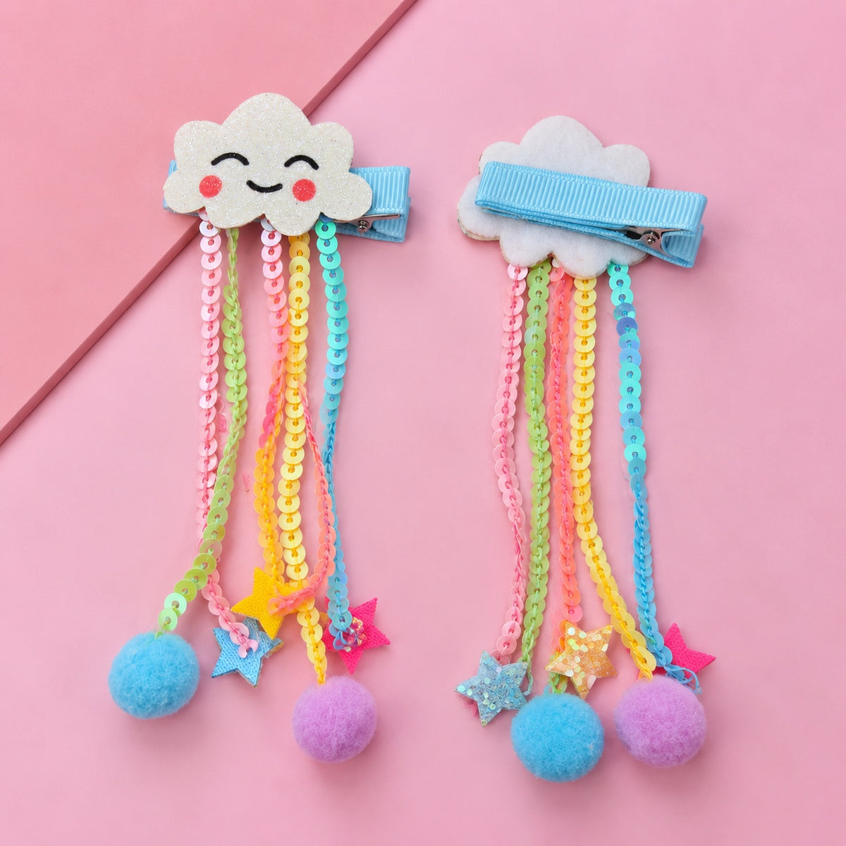 two bobby Rainbow Cloud Tassel Clips – Pair – front and ribbon-lined back