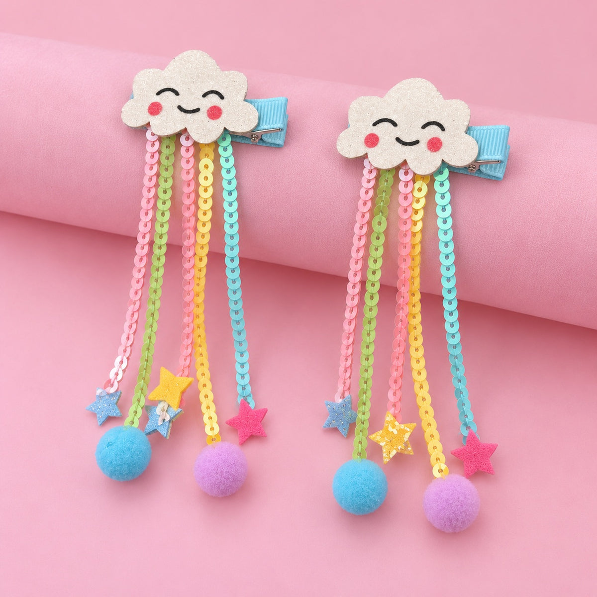 two bobby Rainbow Cloud Tassel Clips – Pair – strands hanging
