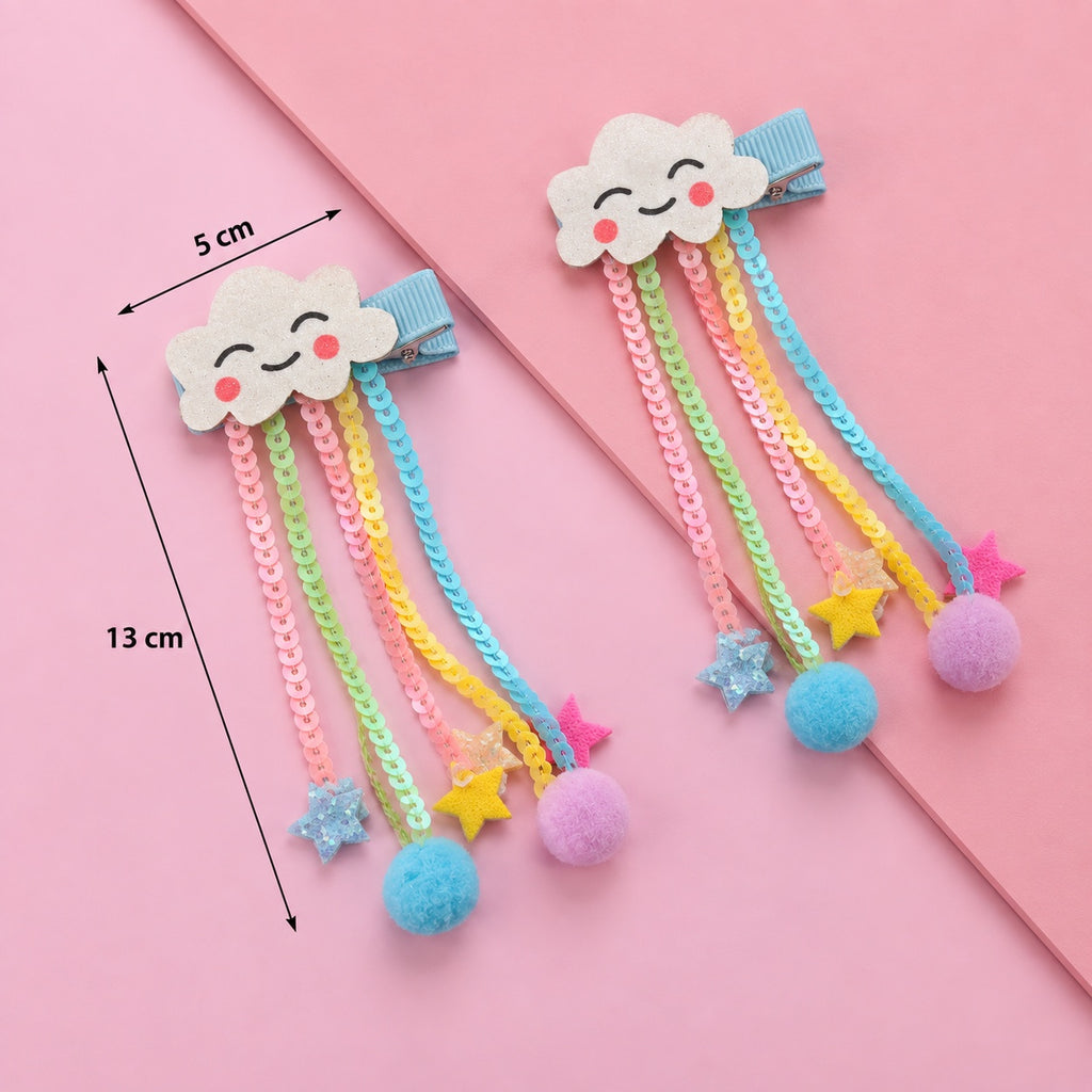 two bobby Rainbow Cloud Tassel Clips – Pair – size, 5 cm cloud, 13 cm long