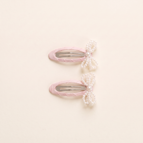 two bobby Mini Pearl Bow Snap Clips - Pink, pair