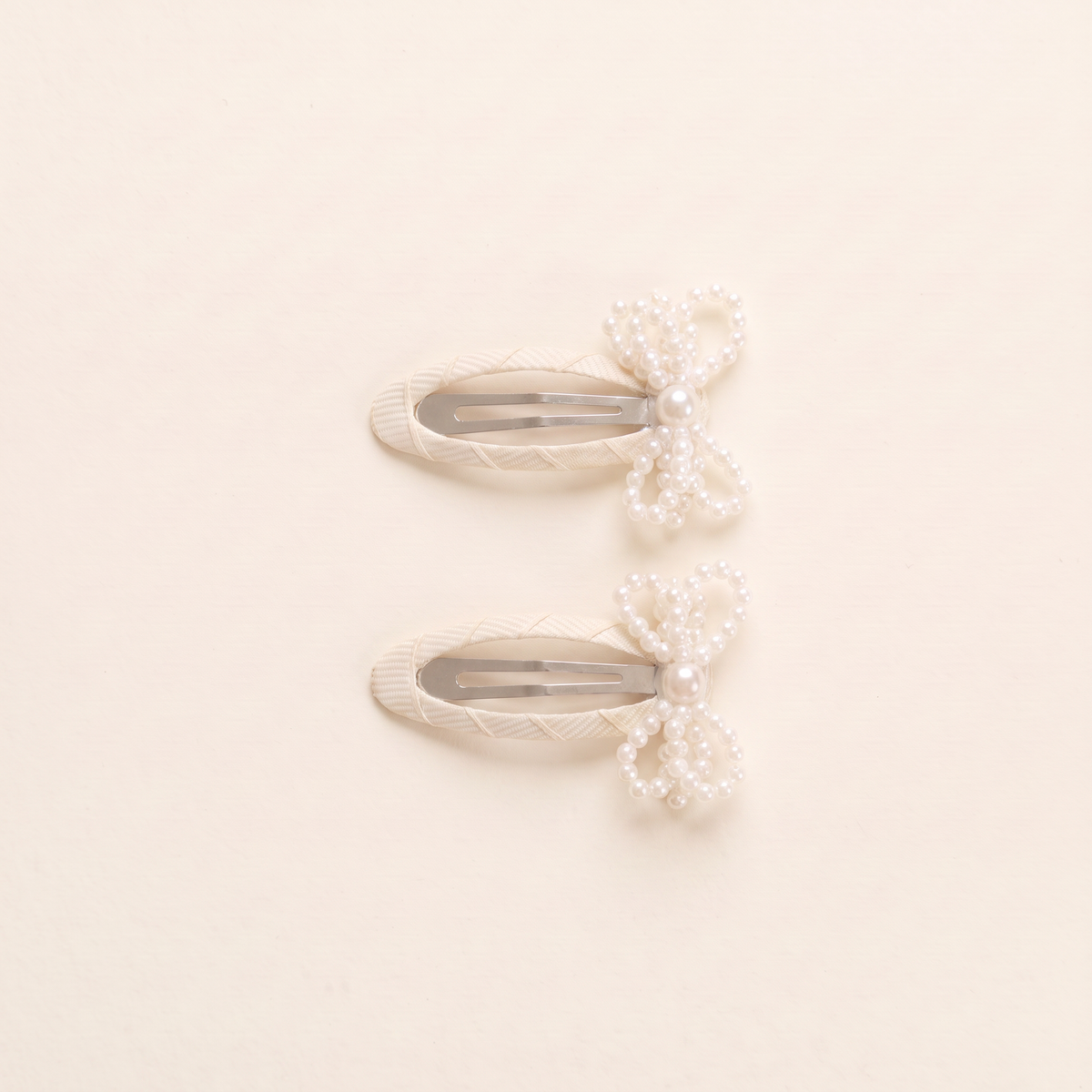 two bobby Mini Pearl Bow Snap Clips - Ivory, pair