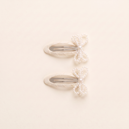 two bobby Mini Pearl Bow Snap Clips - Ivory, pair
