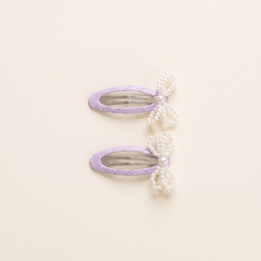 two bobby Mini Pearl Bow Snap Clips – Lavender, pair