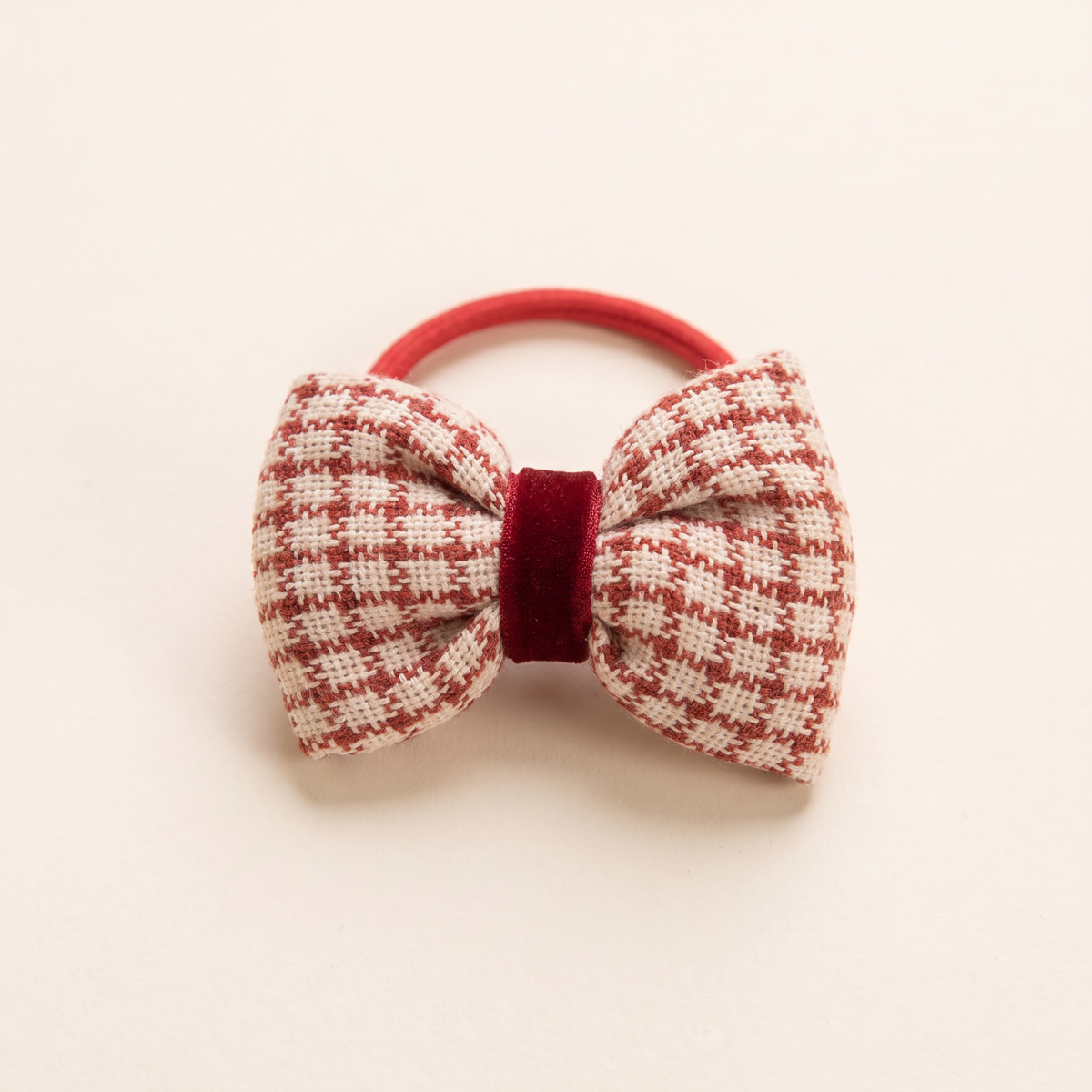 two bobby Red Check Bow Hair Ties, bow close-up
