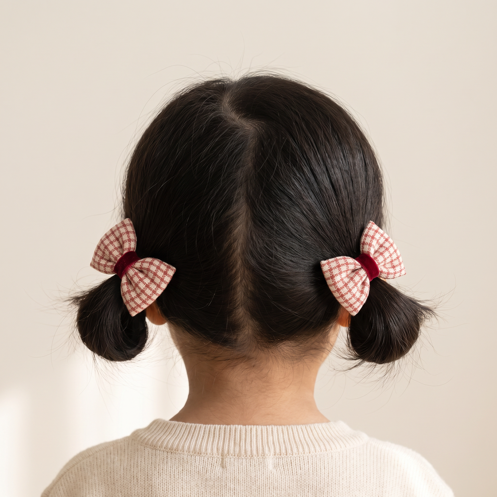 two bobby Red Check Bow Hair Ties – Red, worn