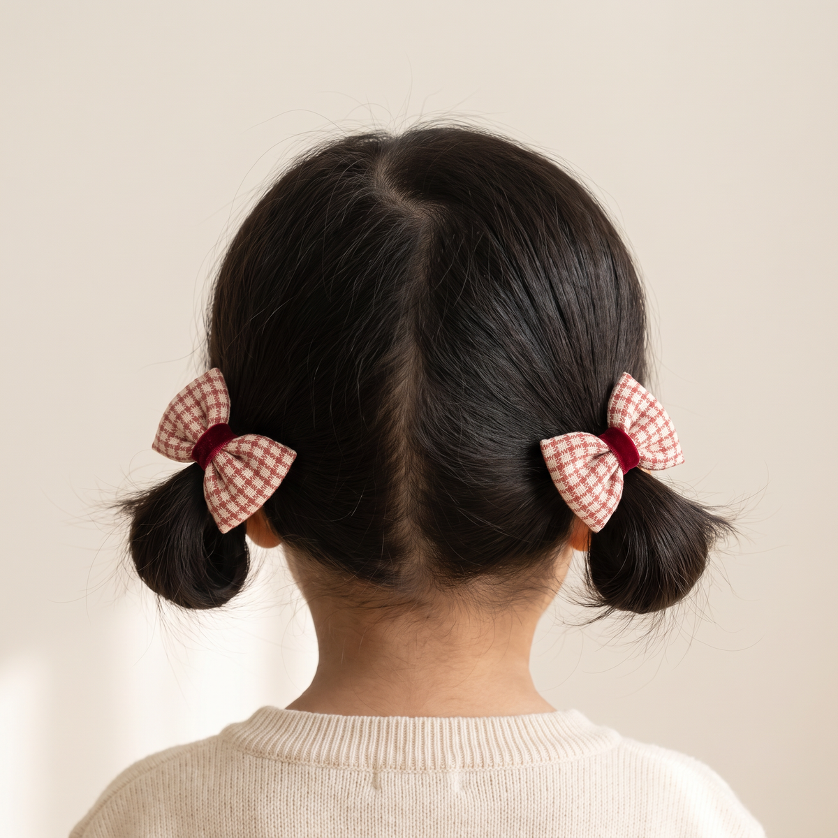 two bobby Red Check Bow Hair Ties – Red, worn