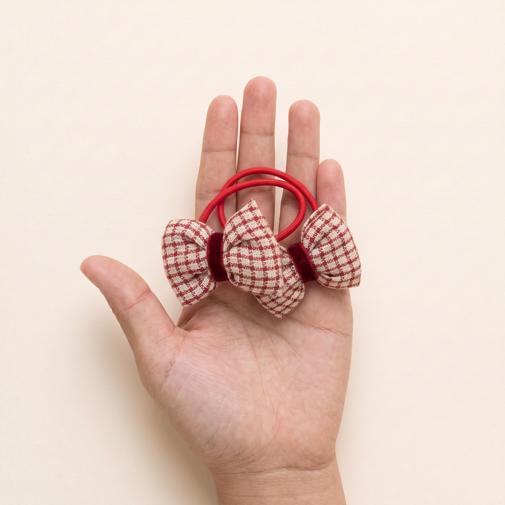 two bobby Red Check Bow Hair Ties – Red, size in hand