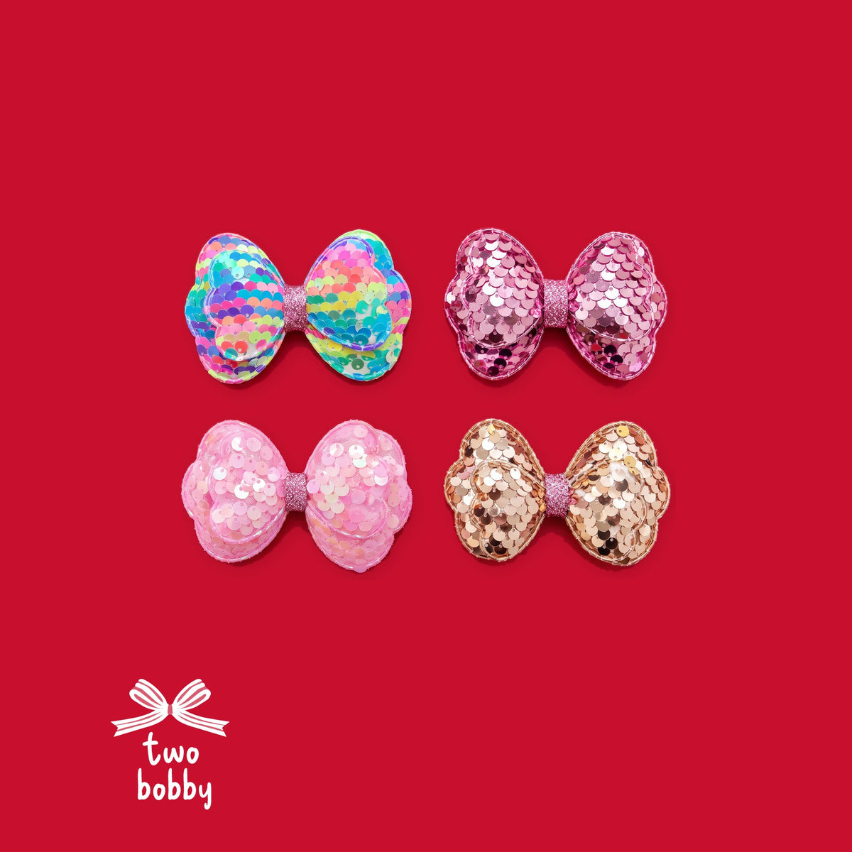 Sequin Butterfly Bow Clip, all four colours on the two bobby red