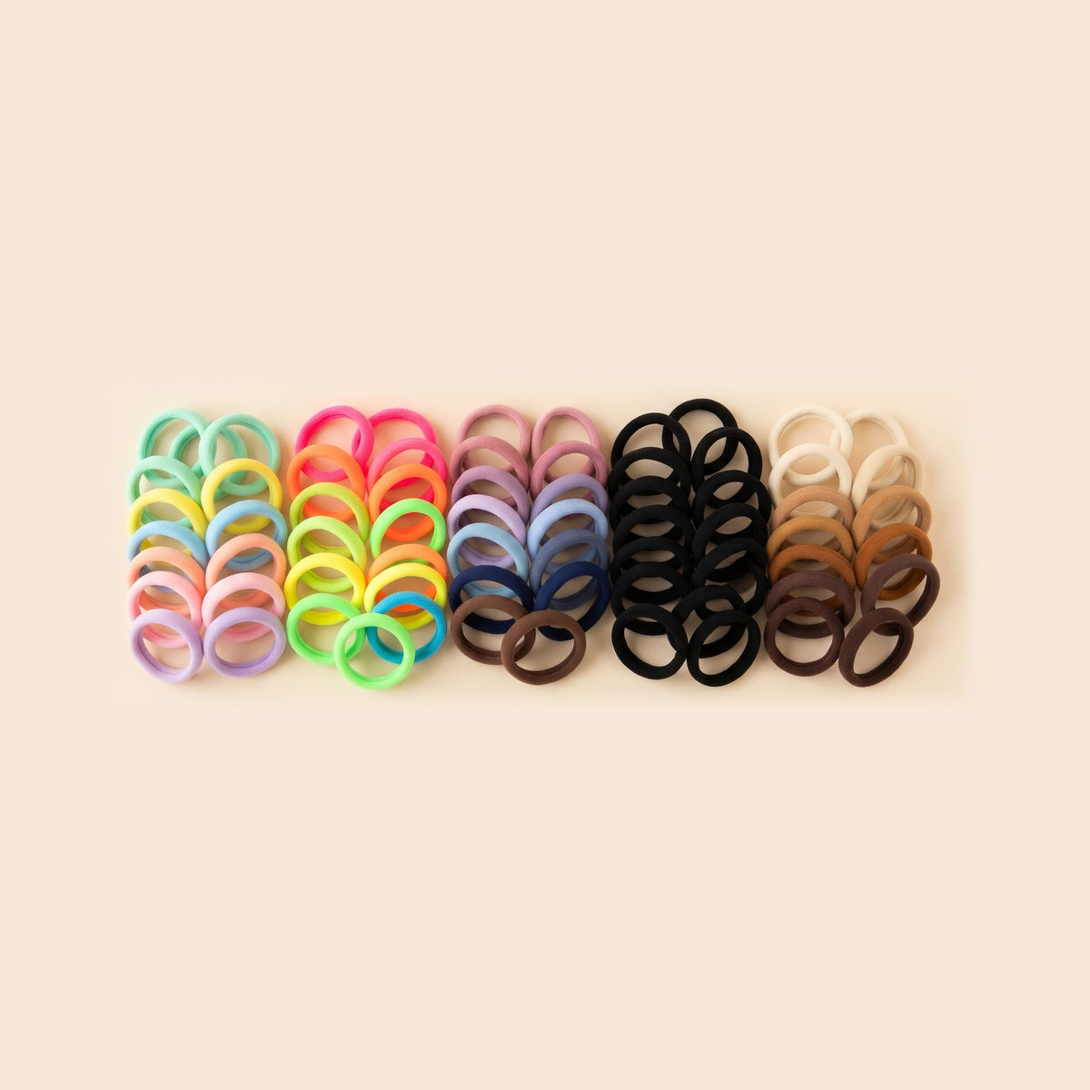 All five colour mixes of two bobby Everyday Rubber Band Hair Ties: Candy, Neon, Vintage, Black, Neutrals