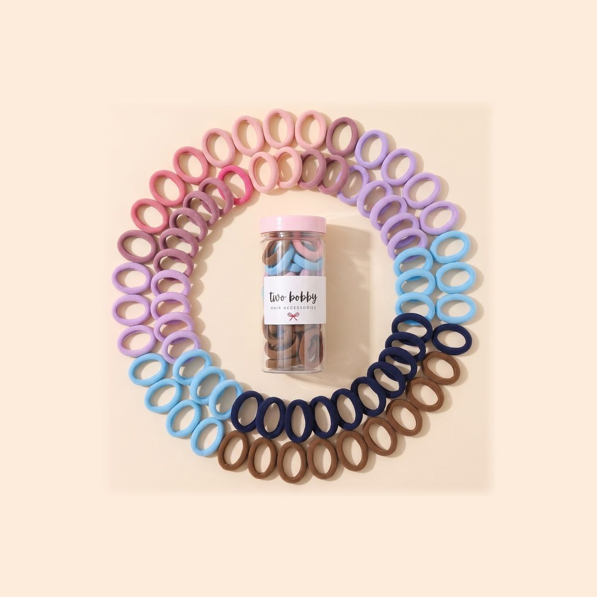 two bobby Everyday Rubber Band Hair Ties - Vintage, ring of hair ties round the tube of 100
