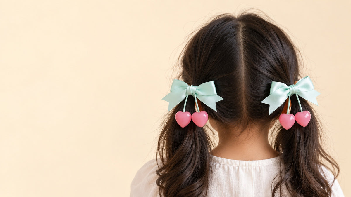 Girl with two pigtails wearing two bobby mint bow hair clips with pink heart charms