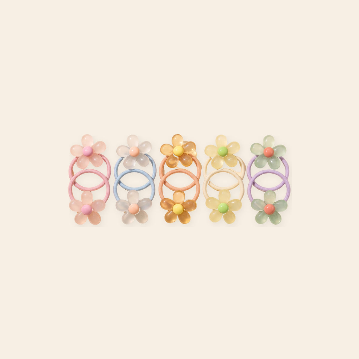 Jelly Daisy Hair Ties - 5 pairs in blush, clear, honey, lemon and mint
