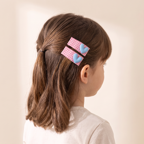 two bobby Gingham Heart Tic Tac Clips – worn