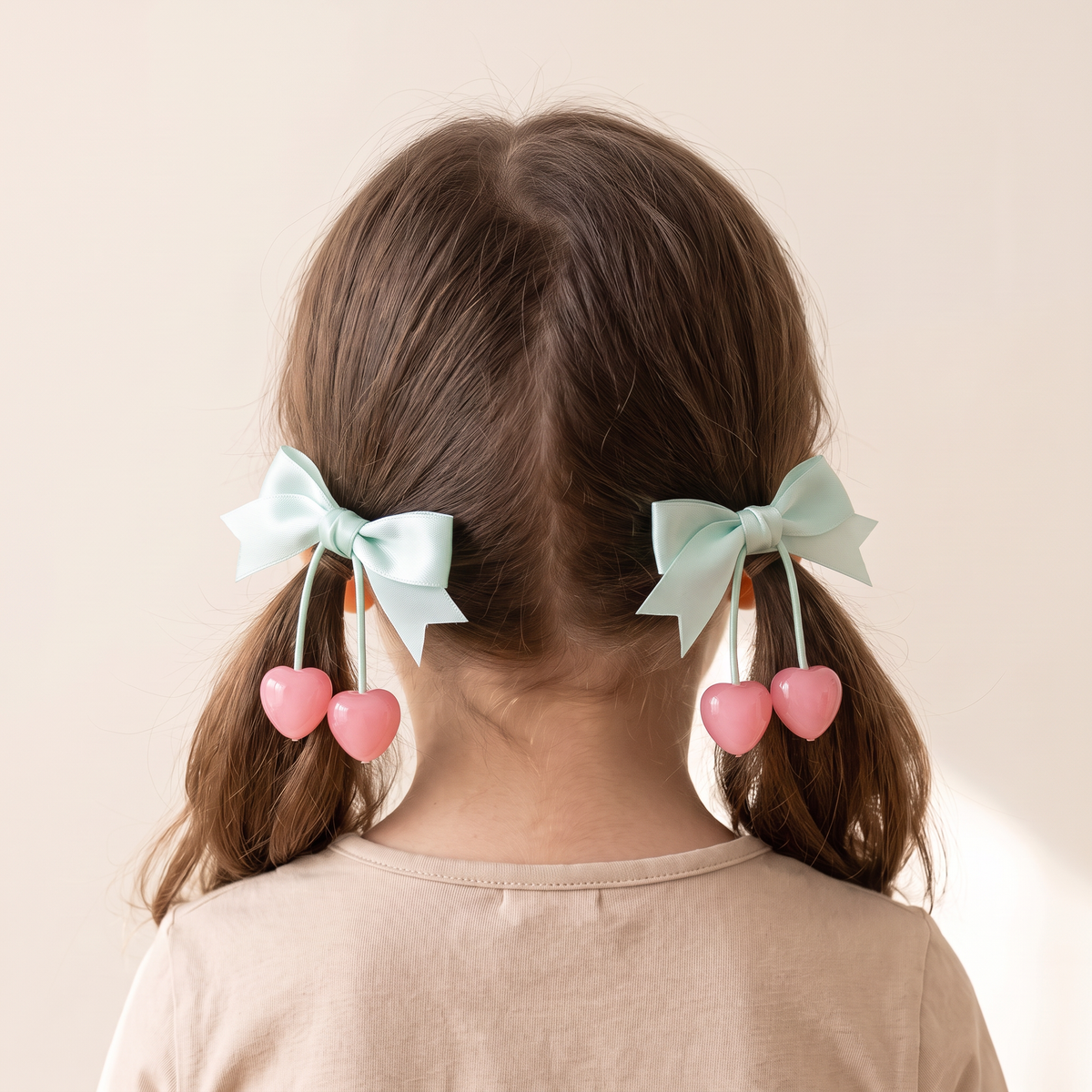 two bobby Sweet Cherry Bow Hair Clips Set – worn on pigtails