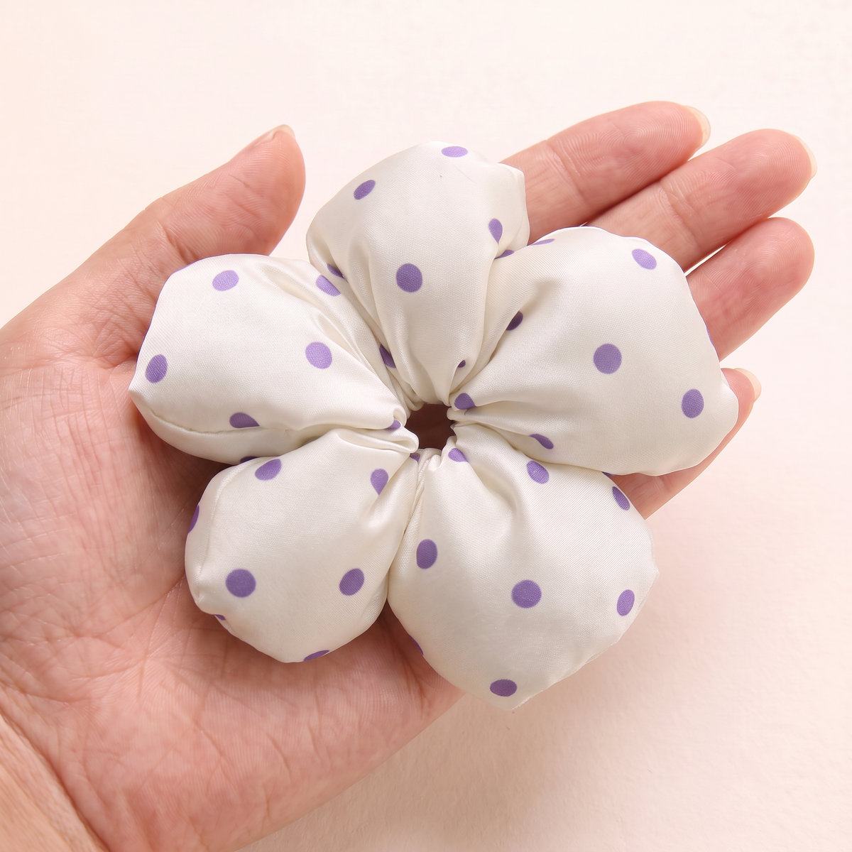 two bobby Polka Dot Flower Scrunchie – Purple, in hand for size