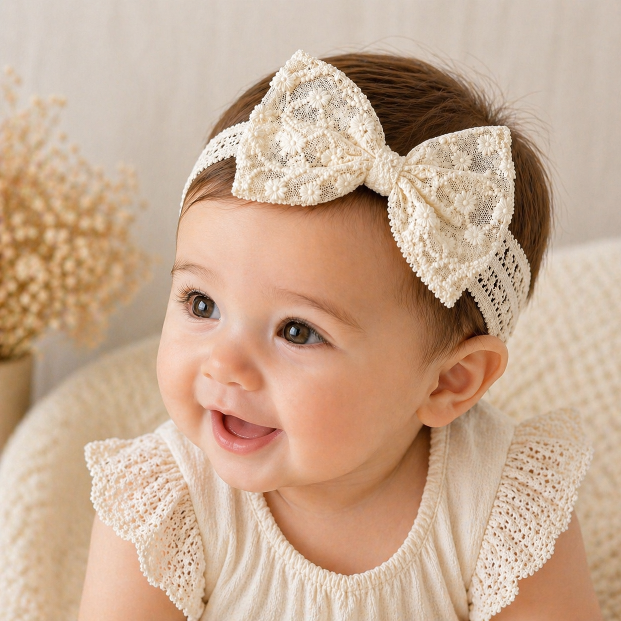 Creamy Beige Lace Bow Baby Headband