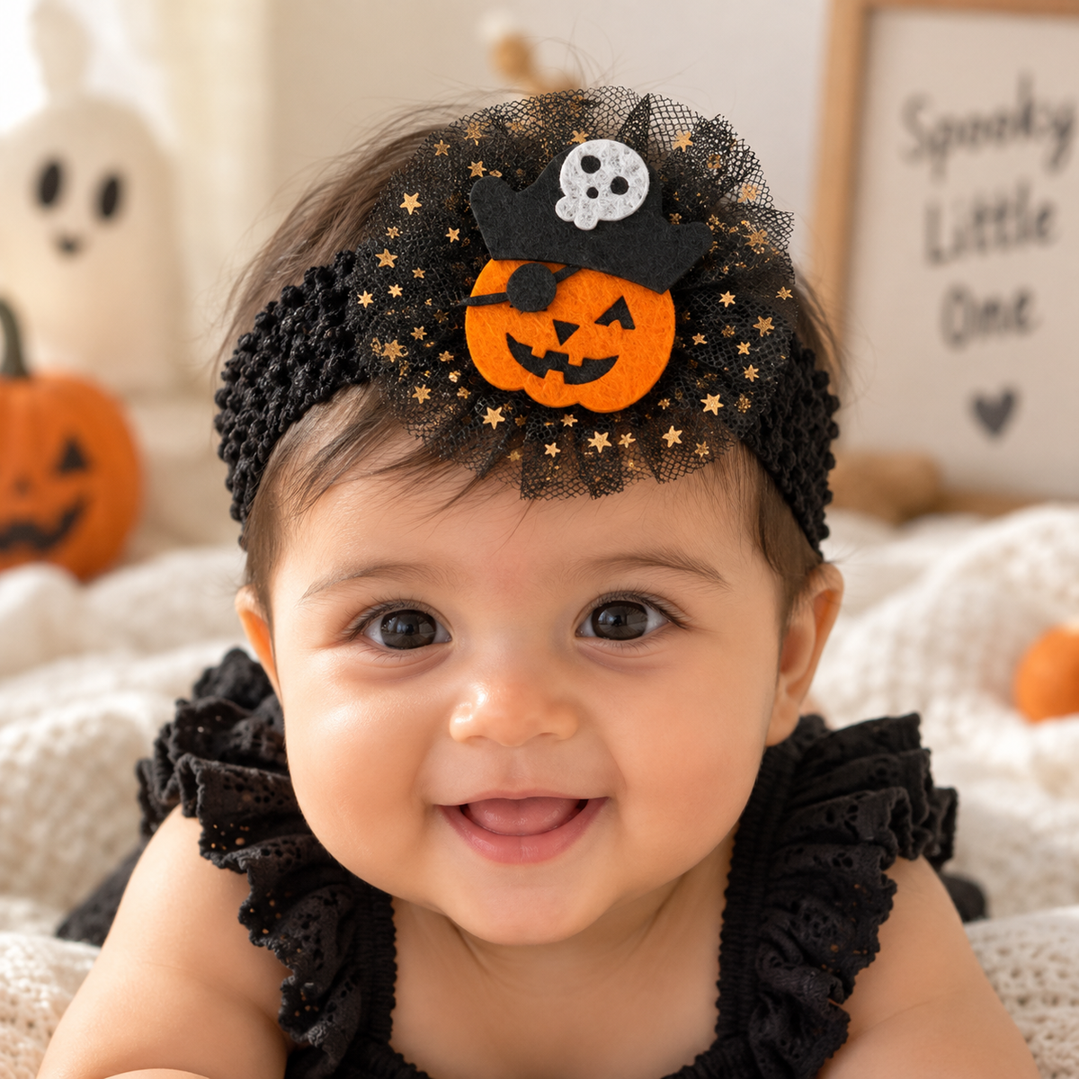 Baby wearing a Halloween Pumpkin Pirate headband