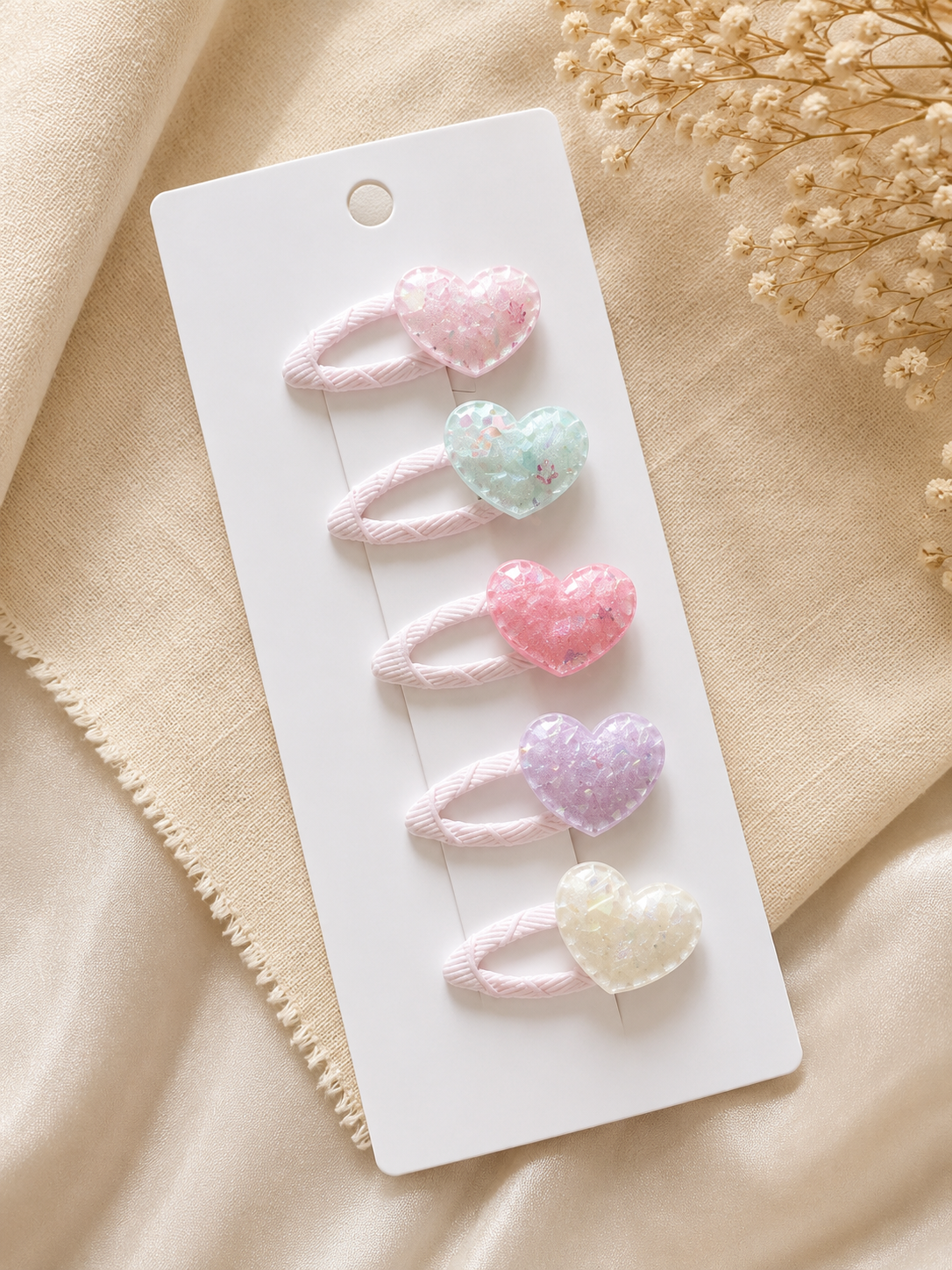 Pastel Glitter Heart Tic Tac Hair Clips – Set of 5