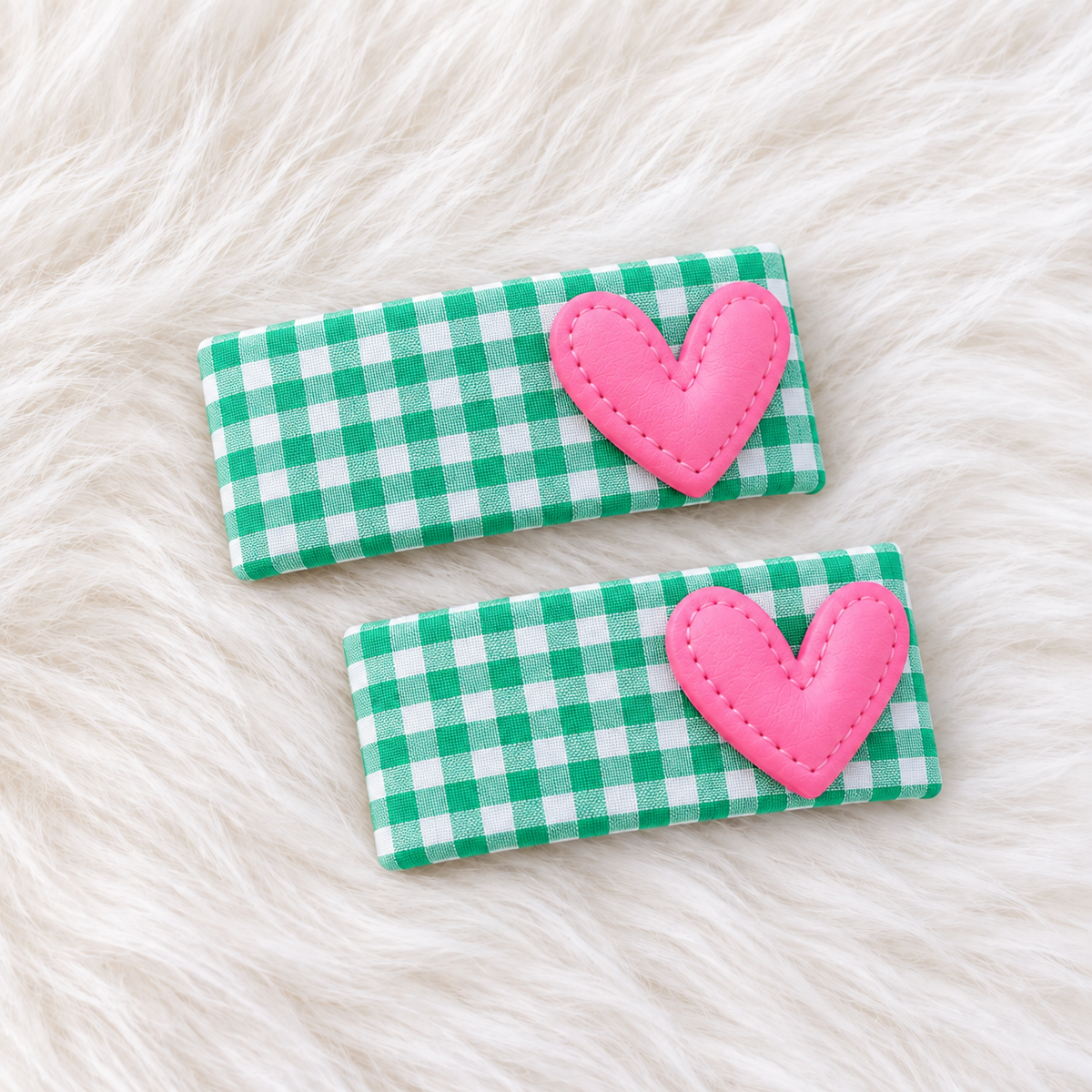 two bobby Gingham Heart Tic Tac Clips – green & fuschia