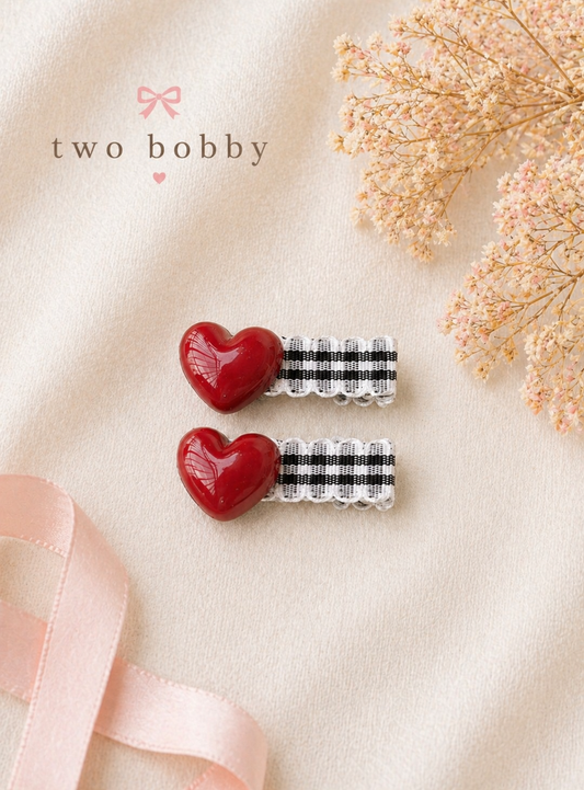 Cherry Heart Gingham Clips