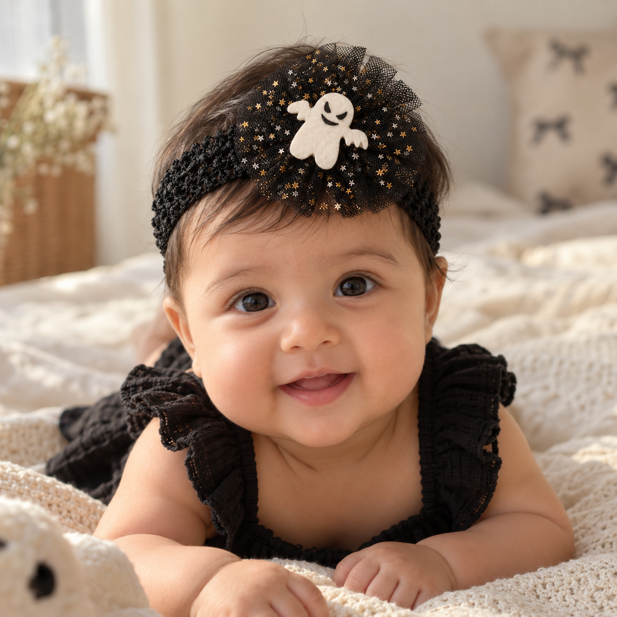 Baby wearing a Halloween Classic Ghost headband