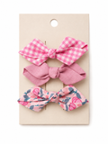 Gingham & Floral Bow Clip Set in Pink