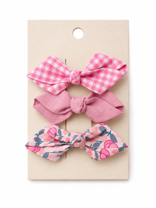 Gingham & Floral Bow Clip Set in Pink