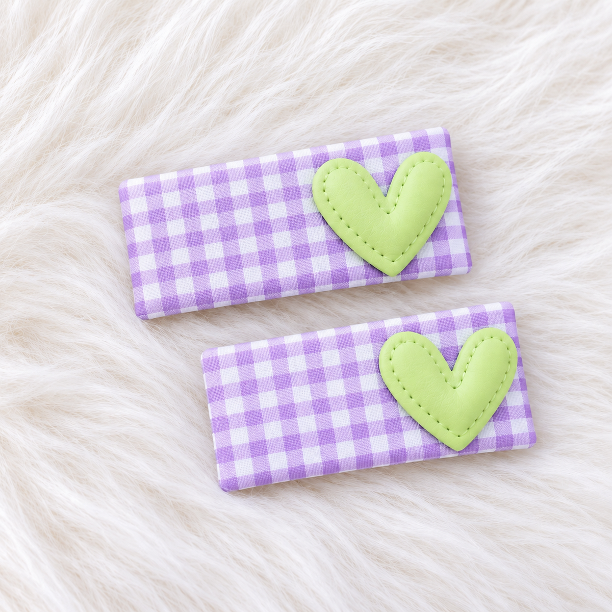 two bobby Gingham Heart Tic Tac Clips – purple & green