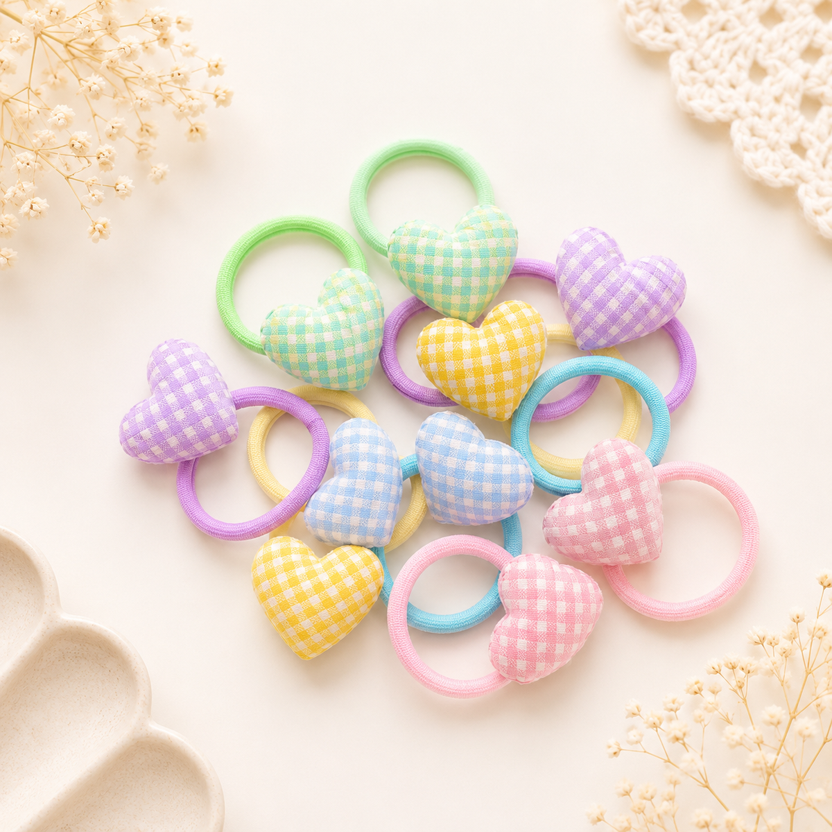 Sweetheart Hair Ties in Gingham Hearts