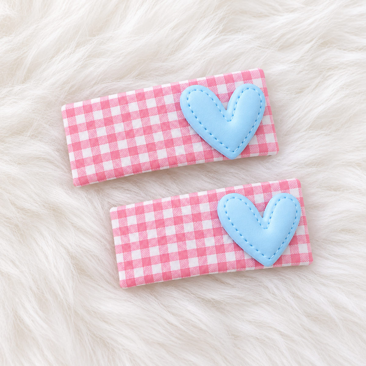 two bobby Gingham Heart Tic Tac Clips – pink & blue