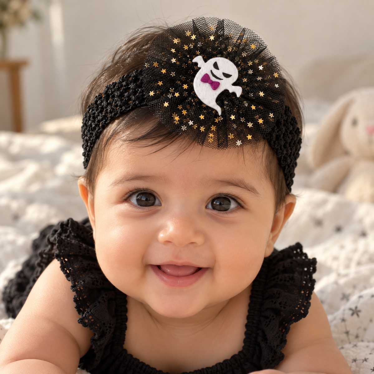 Baby wearing a Halloween Ghost with a Bow headband