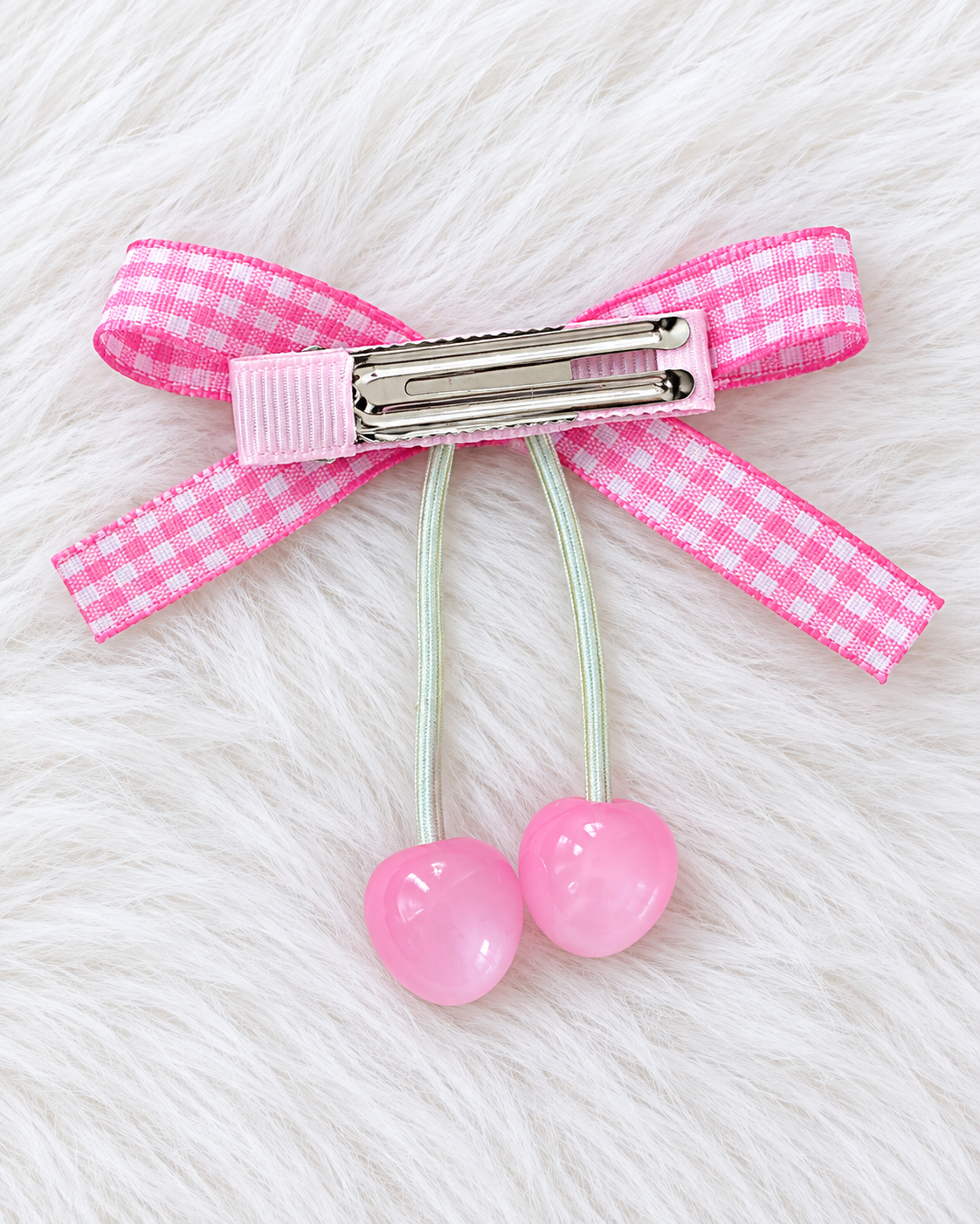 Pair of Pink Gingham Cherry Bow Hair Clips, view 2