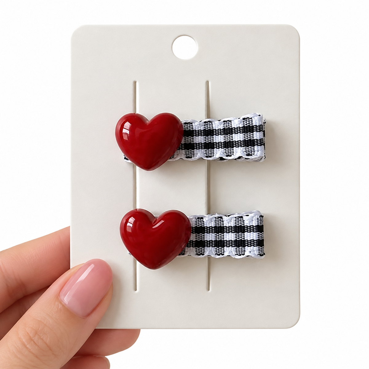 Cherry Heart Gingham Clips
