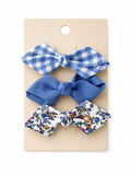 Gingham & Floral Bow Clip Set in Blue