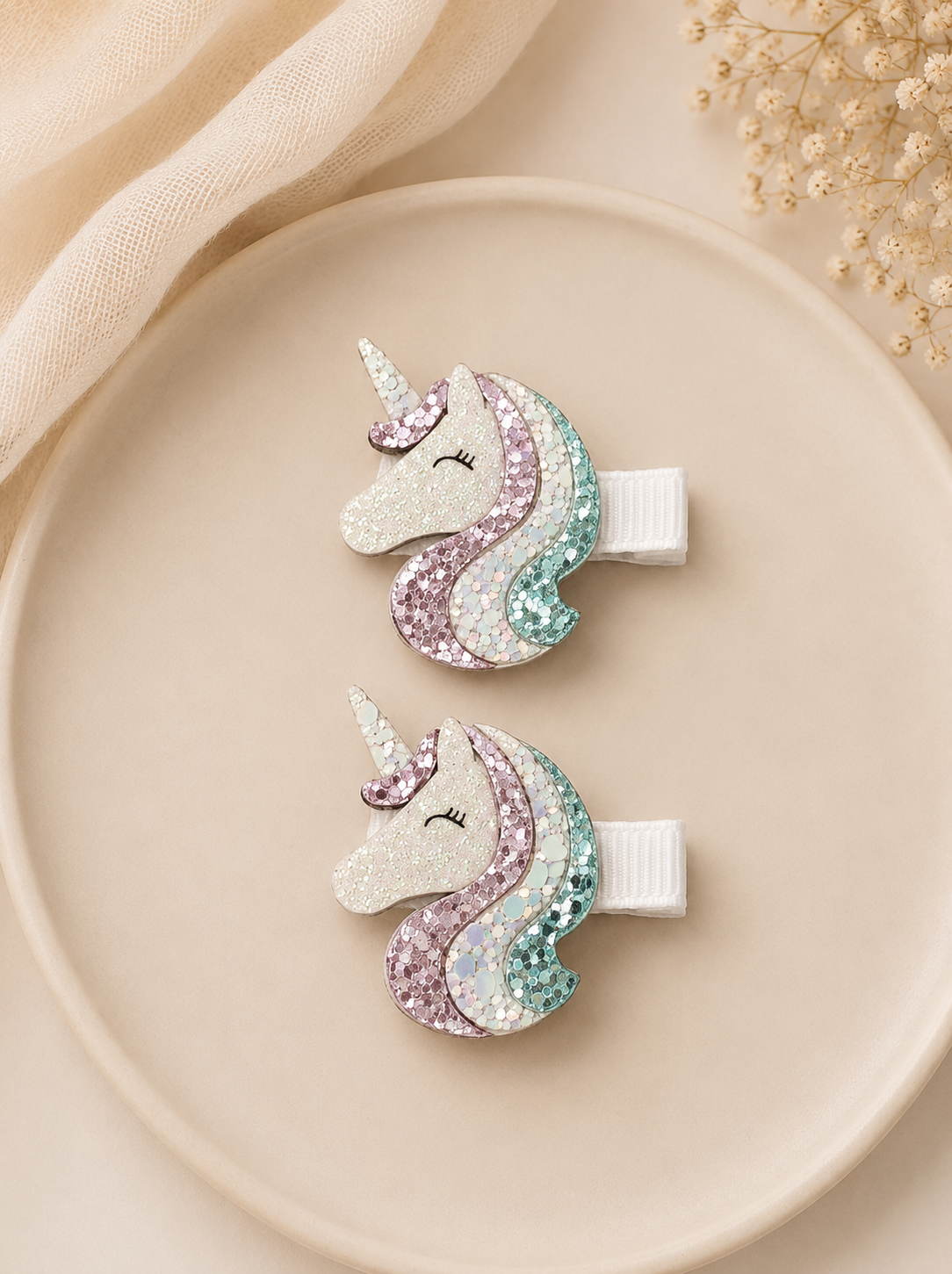 Pastel Glitter Unicorn Hair Clip Set