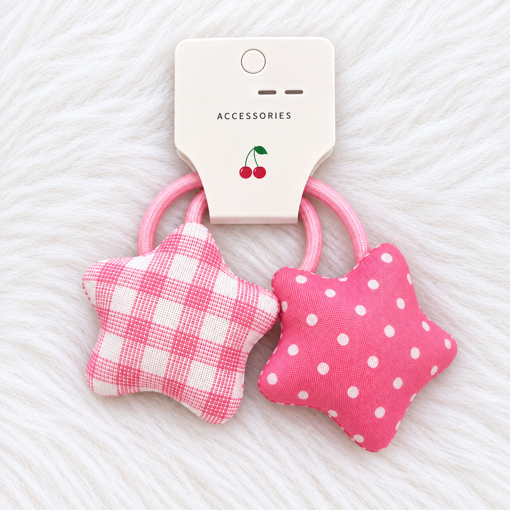 Gingham & Polka Star Hair Ties - Single Pair in Blush Pink