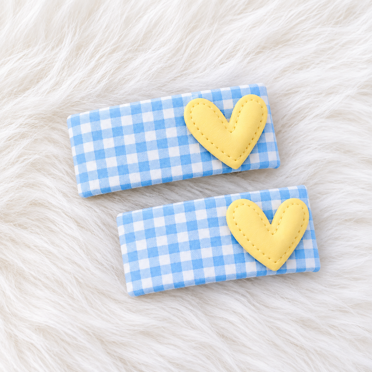 two bobby Gingham Heart Tic Tac Clips – blue & yellow