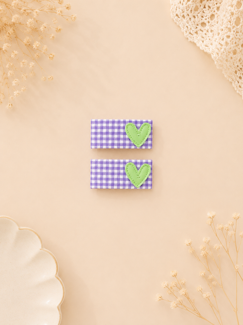 Gingham Heart Tic Tac Clips in Purple & Green
