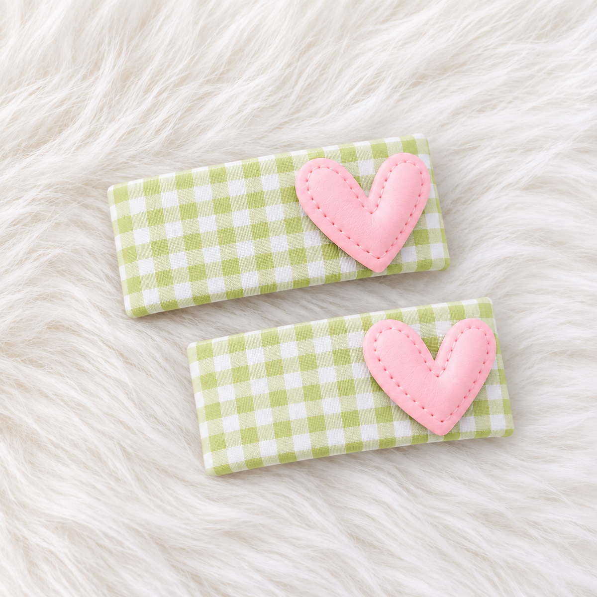 two bobby Gingham Heart Tic Tac Clips – pistachio & baby pink