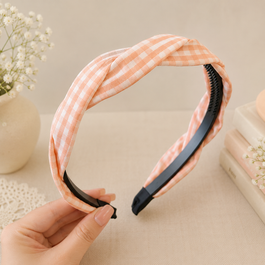 Peach Gingham Twist Headband